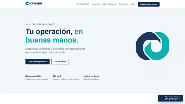Portada de opeser.com en ordenador: «Tu operación, en buenas manos», con el símbolo de OPESER