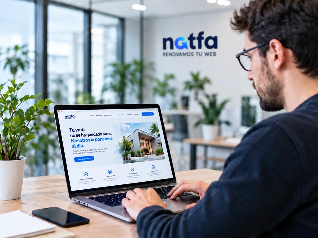 Especialista de Natfa revisando una página web en su portátil en una oficina luminosa