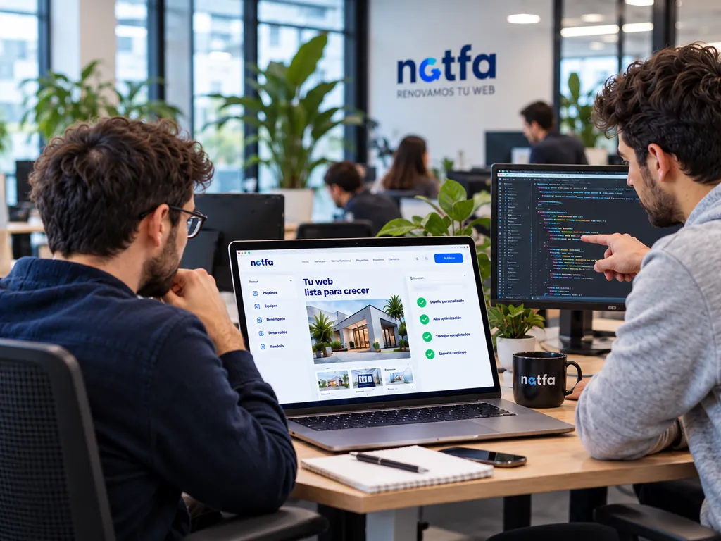 Dos especialistas de Natfa desarrollando una web, con un portátil y un monitor que muestra código