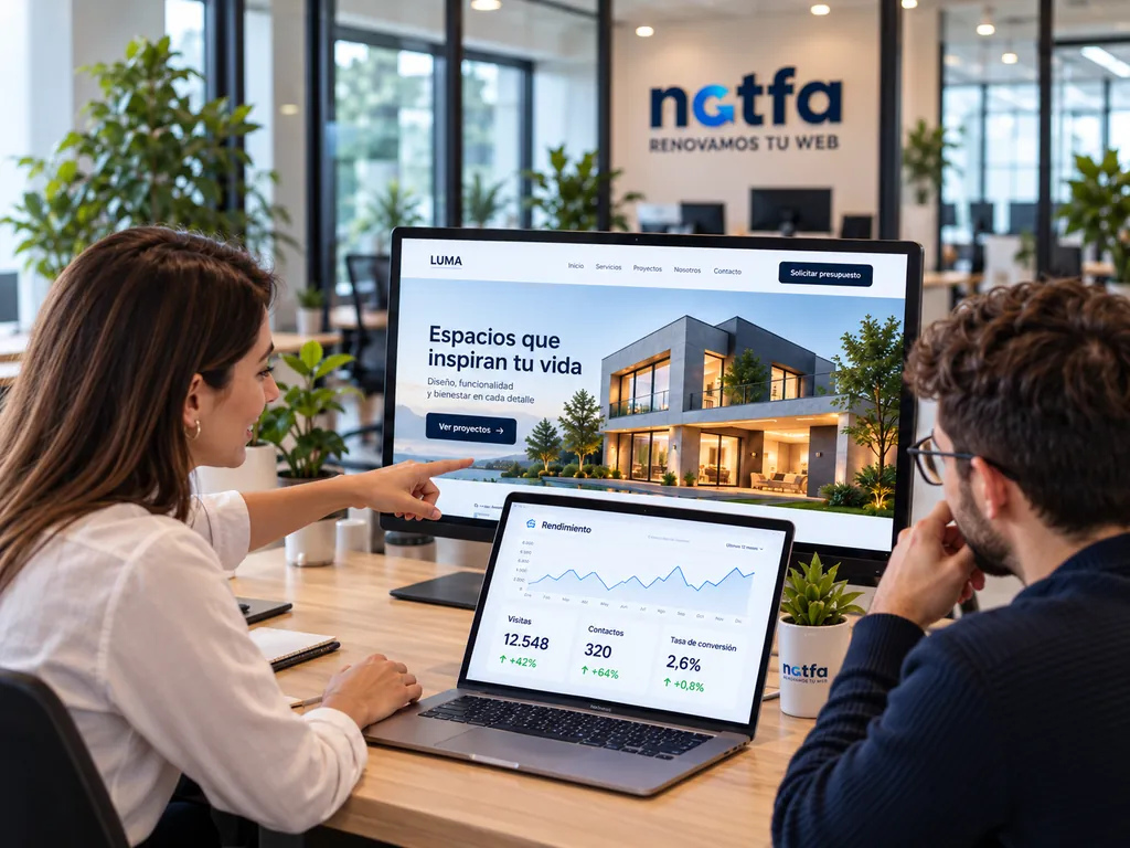 Dos especialistas de Natfa revisando una web de arquitectura publicada en un monitor y su rendimiento en un portátil