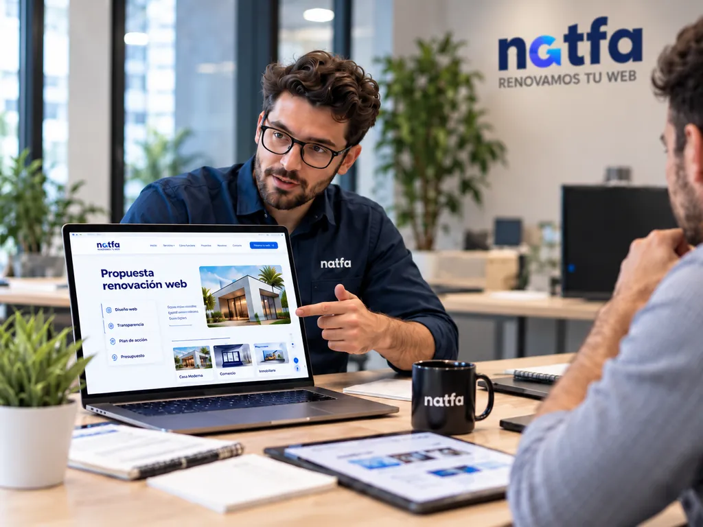 Especialista de Natfa explicando una propuesta de renovación web a un cliente, con el proyecto abierto en un portátil