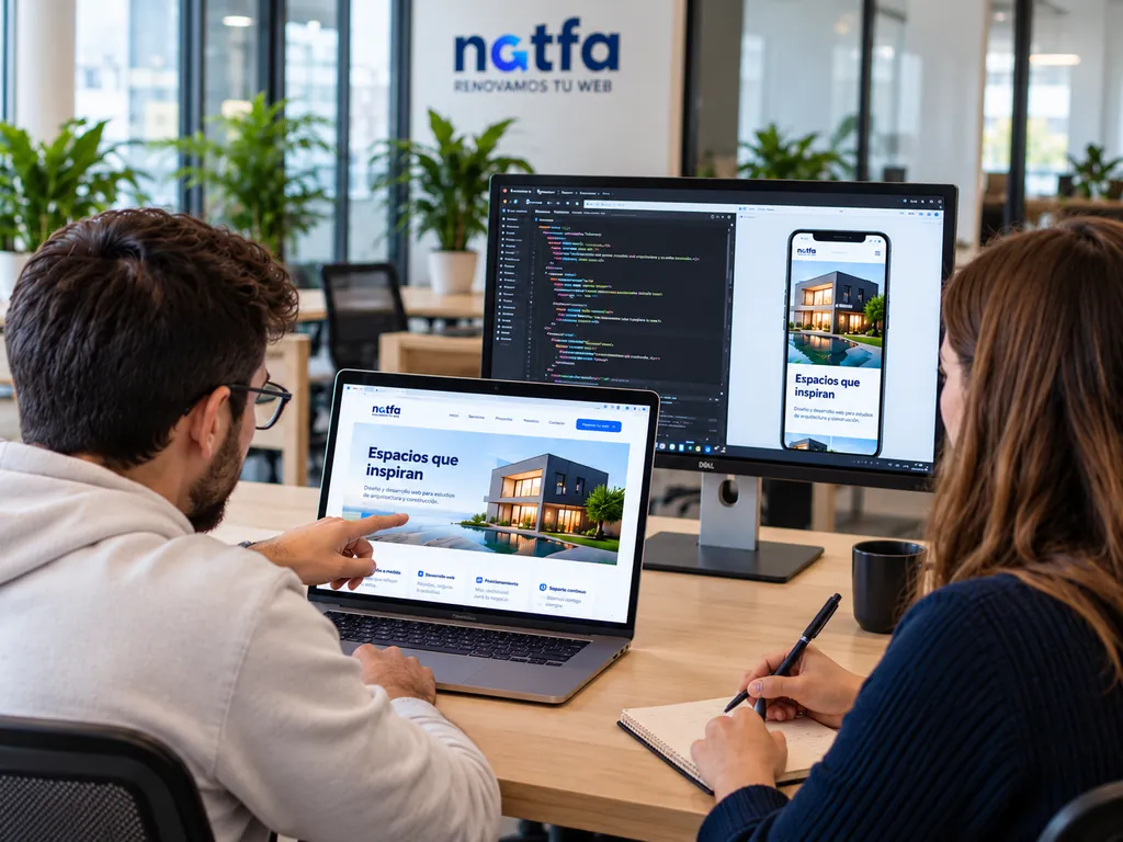 Dos especialistas de Natfa revisando una web en un portátil y un monitor con código y una vista móvil, mientras toman notas